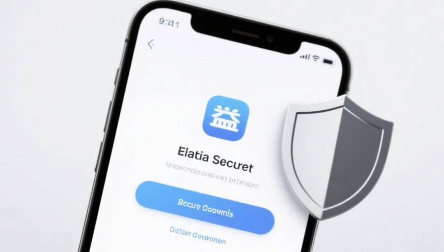 一部现代智能手机屏幕上显示天富应用的安全下载界面，旁边有安全盾牌图标，背景简洁