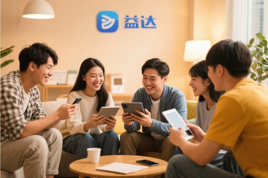 一群年轻用户围坐在一起，使用平板和手机愉快地交流，背景温馨现代，象征天富应用的社区活跃氛围